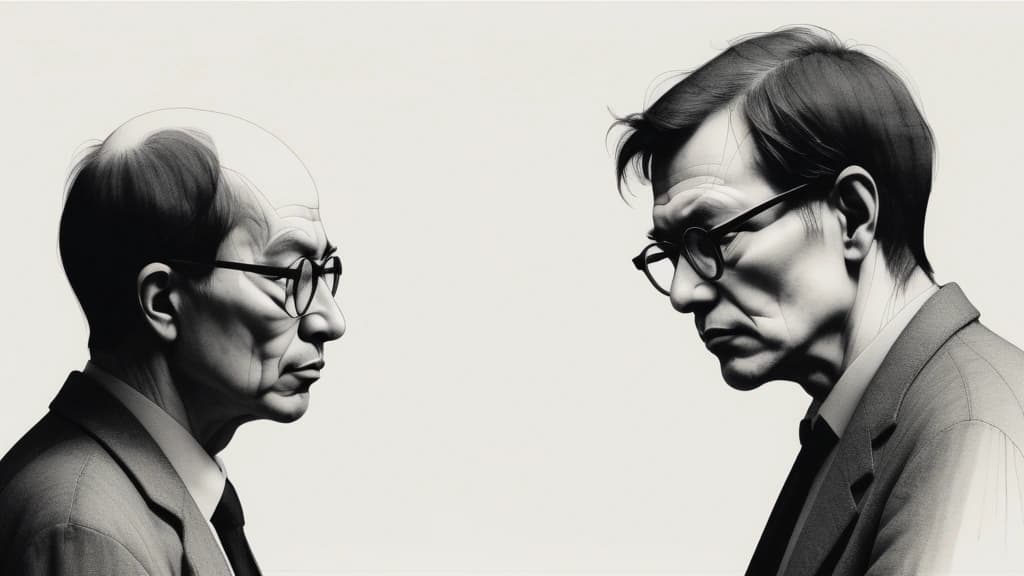 An editorial ink sketch depicting two contemplative figures in deep thought, captured in sharp crosshatched black ink lines on a textured off-white paper background. One figure wears glasses, looking downward with a serious expression, while the other rests a chin on a hand, lost in deep analytical reflection. Subtle washes of dark charcoal grey and a single striking accent of crimson red ink evoke a mood of urgency and intellectual weight. Serious and minimalist composition, focus on expressive facial lines and shadows. No text, no logos, cinematic composition.