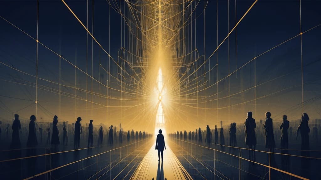 An editorial ink sketch depicting the struggle between centralized technology and human agency. In the center, a massive, towering mechanical loom woven from dark computer servers and copper cables looms over a landscape, casting long shadows. Delicate, hand-drawn glowing threads of golden light escape from the machine, transforming into a vast network. In the corners, small, stylized human figures work together to weave their own independent, vibrant webs of light on textured paper, symbolizing decentralized networks. High-contrast, serious, intellectual, deep indigo and gold color palette, cross-hatched details. No text, no logos, cinematic composition.
