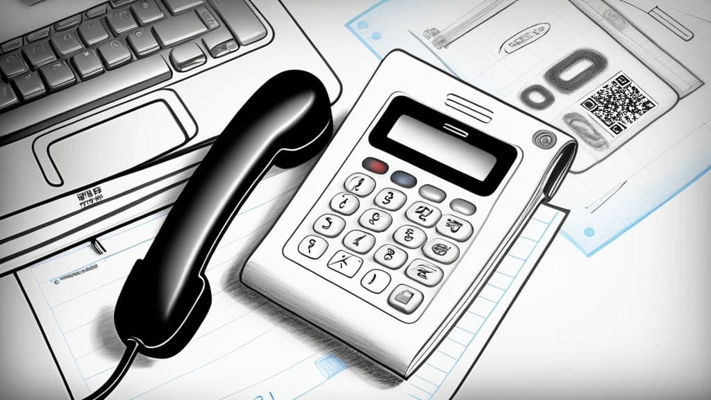 A detailed pencil sketch of an office help desk telephone receiver resting next to a physical security key and a paper notepad displaying a hand-drawn QR code, capturing a quiet, analytical security atmosphere. No text, no logos.