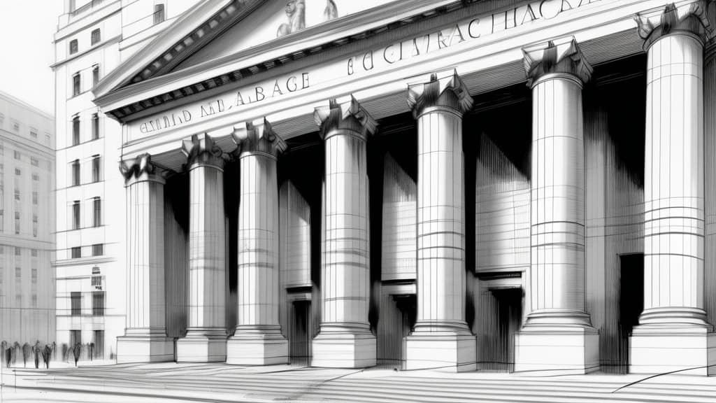 A detailed pencil sketch of a grand, classical stock exchange building facade with a modern digital ticker tape wrapping around its stone pillars, showing fluctuating line graphs and the name Claude. No text, no logos.