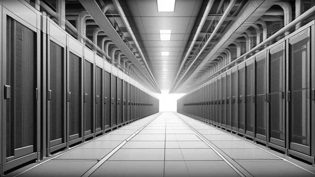 A detailed pencil sketch of a massive, industrial data center corridor filled with towering server racks, with heavy power cables snaking across the concrete floor and cooling vents visible on the ceiling. No text, no logos.