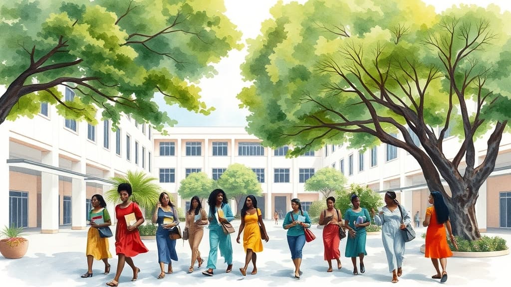 A hopeful watercolour painting of a modern university courtyard in Ogun State, Nigeria, filled with young women walking together under the shade of large green trees, holding notebooks and folders. No text, no logos.
