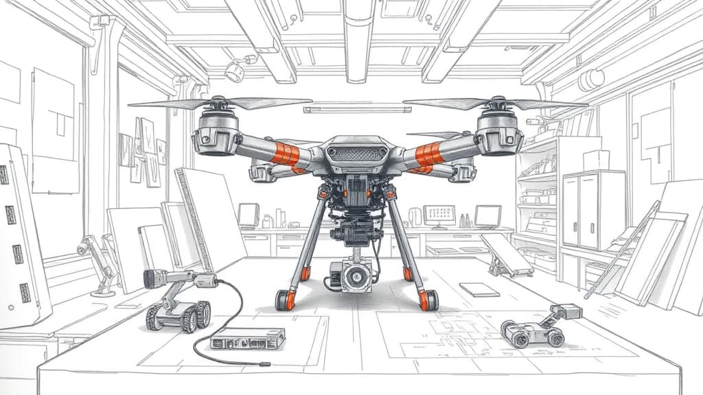 A detailed pencil sketch showing the interior of a bright workshop where a partially assembled quadcopter drone rests on a wooden workbench surrounded by small robotic components and blueprints. No text, no logos.
