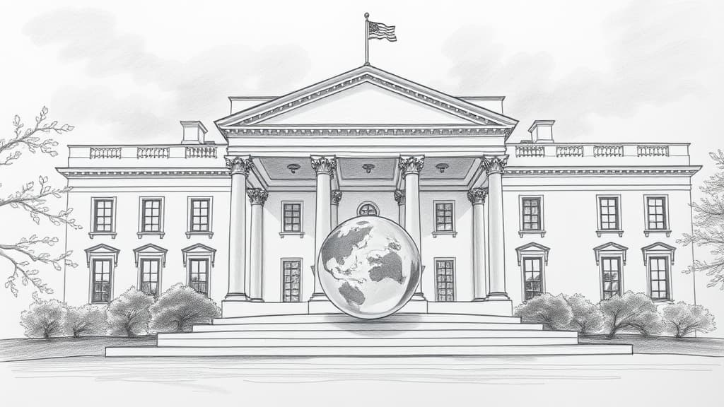 A pencil sketch of the White House West Wing portico under heavy grey clouds, with a single, glowing glass sphere resting on the stone steps, reflecting the classical columns. No text, no logos.