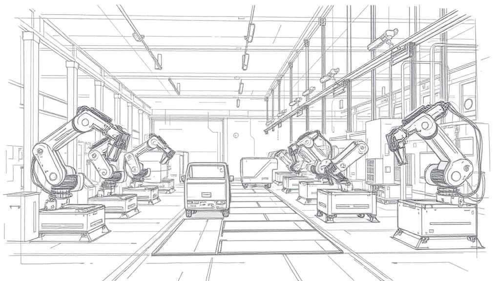 A serious pencil sketch of an industrial manufacturing floor with robotic arms assembling machinery, surrounded by faint architectural drafting lines and a protective shield emblem. No text, no logos.