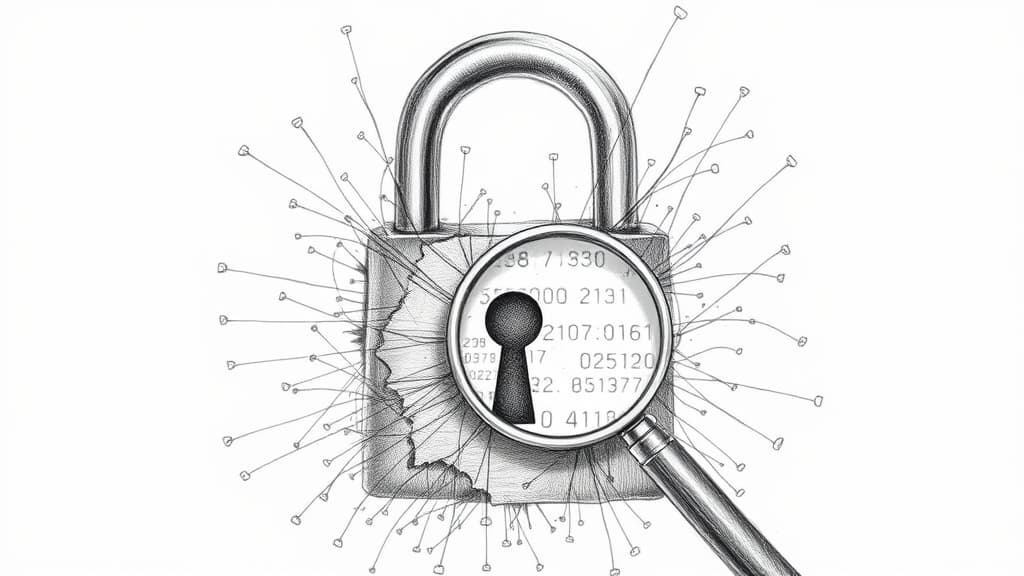 A serious pencil sketch of a physical security padlock that is partially dissolving into a digital network of fine, fractured lines, with a magnifying glass revealing hidden, faint code patterns etched into the metal. No text, no logos.