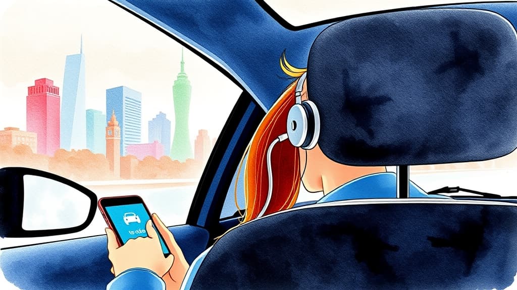 A watercolour illustration of a person hailing a ride using a voice assistant, with a cityscape in the background, no text, no logos