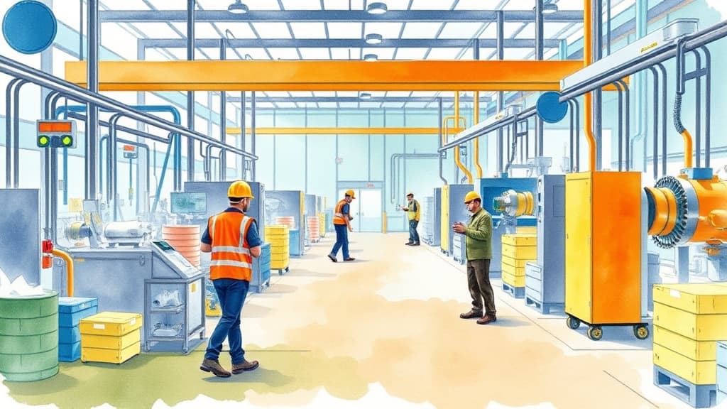 A watercolour illustration of a factory floor with workers and machinery, showing a safety risk assessment in progress, no text, no logos.