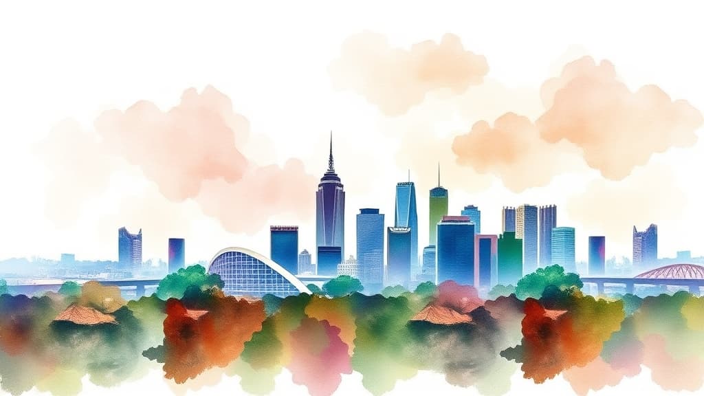 Watercolour of the Johannesburg skyline with a digital overlay, no text, no logos