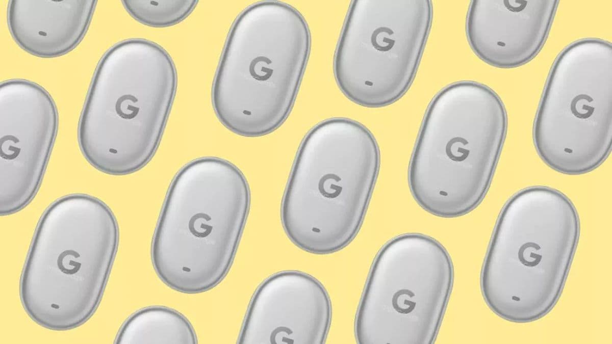 A watercolour illustration of the Google Pixel Tag, showing its pill-shaped design and built-in speaker, with a subtle background of a cityscape, no text, no logos.