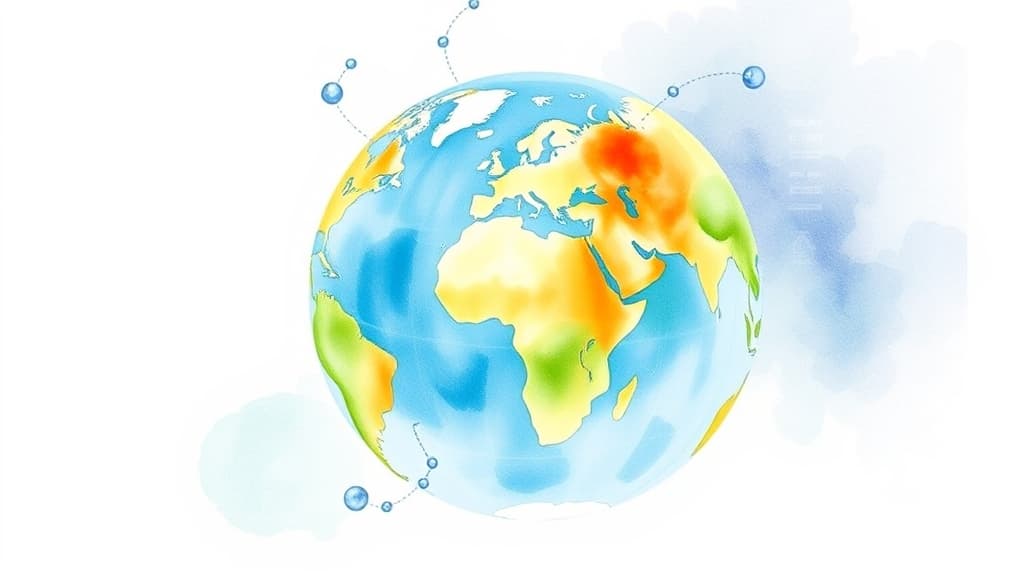A watercolour illustration of a globe with interconnected lines and nodes, representing the connected world of AI-first innovation, with a subtle background of coding elements, no text, no logos.
