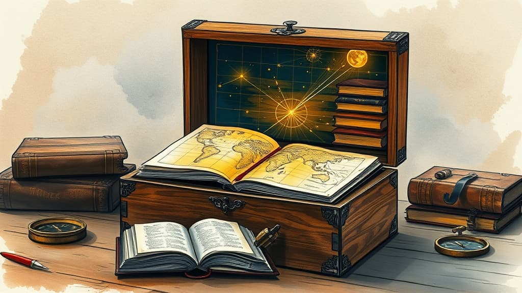 An elegant editorial ink sketch of an open, multi-layered classical wooden box resting on a rustic desk. Spilling out of the box are glowing, hand-drawn constellation maps of knowledge, open vintage books, a modern brass compass, and abstract mathematical equations rendering as delicate light-beams. Subtle watercolor washes of deep indigo and warm amber. Serious, analytical, intellectual mood. No text, no logos, cinematic composition.