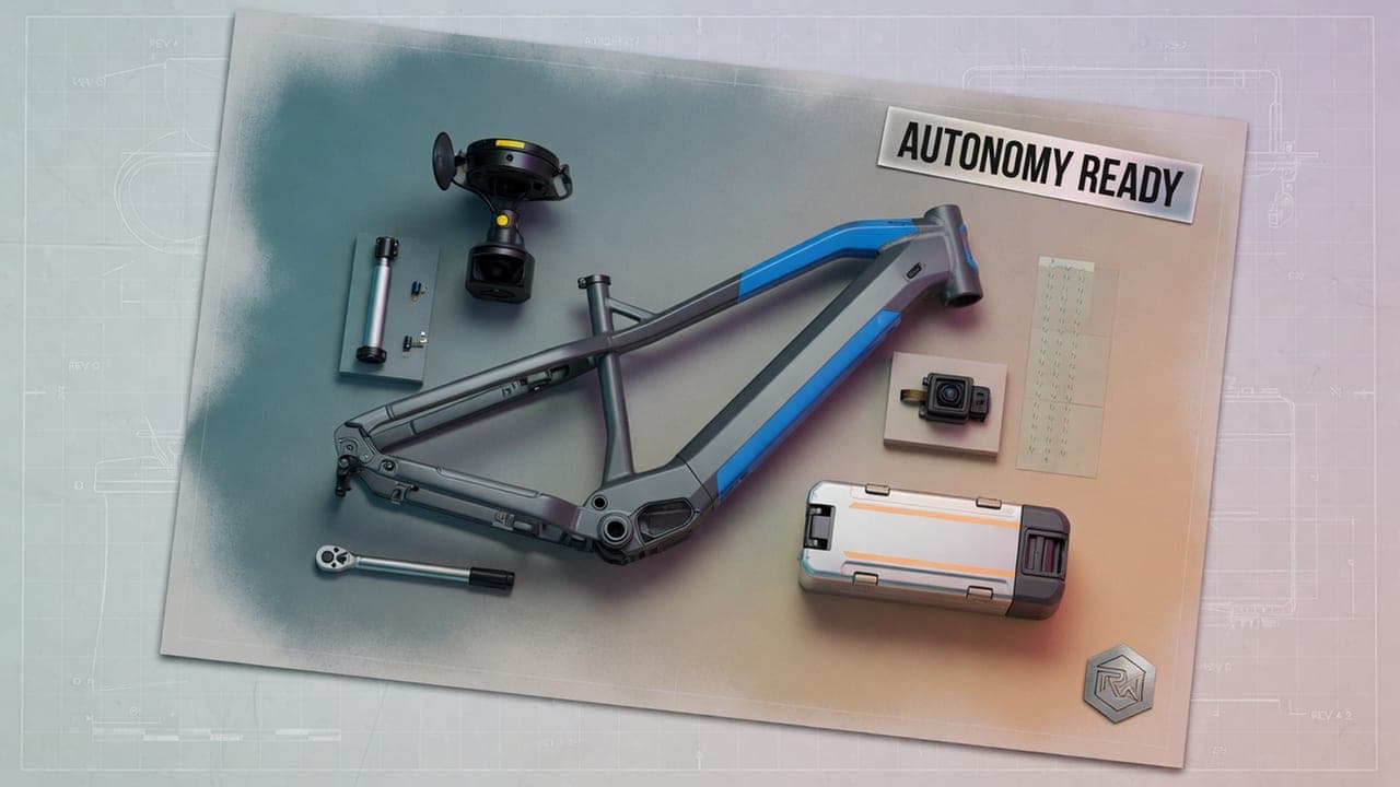 Pencil sketch of an autonomous cargo quad (TM‑Q) navigating a narrow bike lane, with a sleek electric bike (TM‑B) parked beside it; a delivery box marked with an Amazon logo is attached to the quad, and a subtle outline of a city street background is visible. No text, no logos.