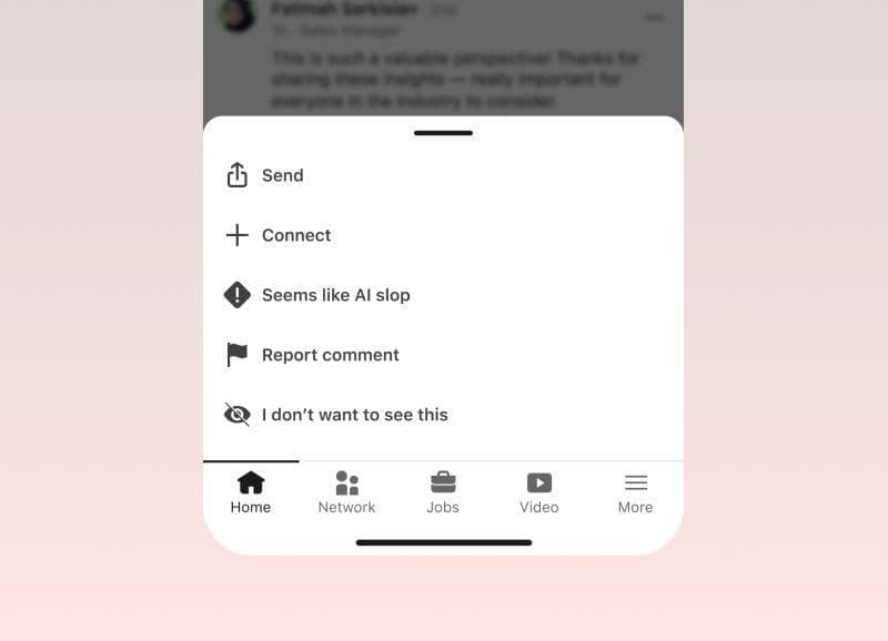 A pencil sketch of a LinkedIn post on a mobile screen with a highlighted three‑dot menu and a small red flag icon emerging from the menu, symbolizing the AI slop button; no text, no logos.