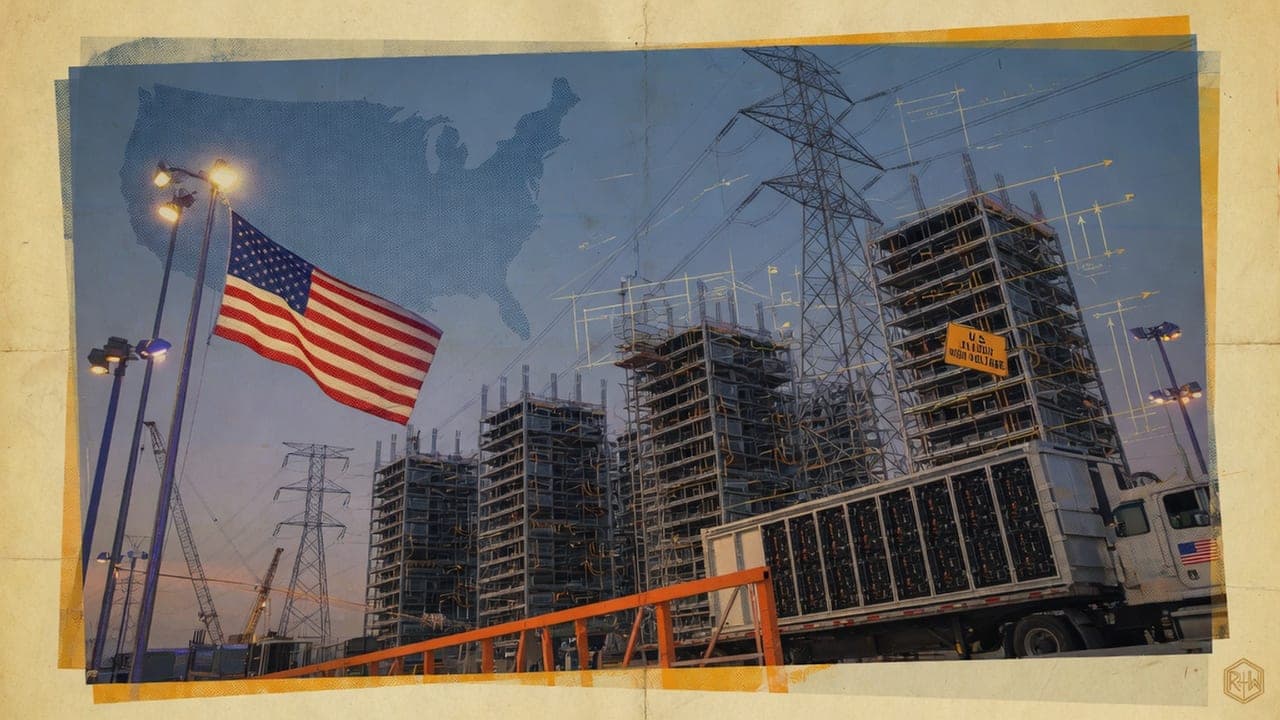 A detailed pencil sketch of a sophisticated AI “factory” floor, showing rows of server racks, data pipelines represented as flowing ribbons, and schematic diagrams of model training cycles, with a subtle backdrop of the U.S. flag motif. No text, no logos.