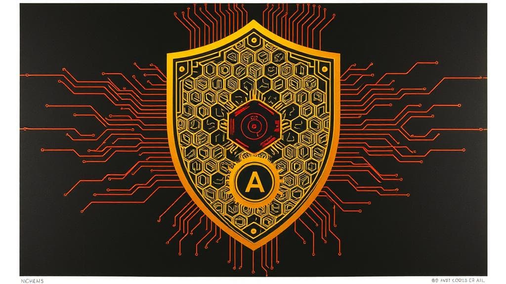 Bold risograph print: A glowing, intricate golden shield constructed from hexagonal circuit patterns, positioned protectively over a small, highly detailed mechanical gears engine. Chaotic, jagged red lines representing untrusted code bounce harmlessly off the outer surface of the golden shield. High-contrast deep charcoal grey and vibrant African gold as the dominant accent colours. Analytical, secure, and highly technical mood. High-contrast dramatic studio lighting. No text, no logos, cinematic composition.