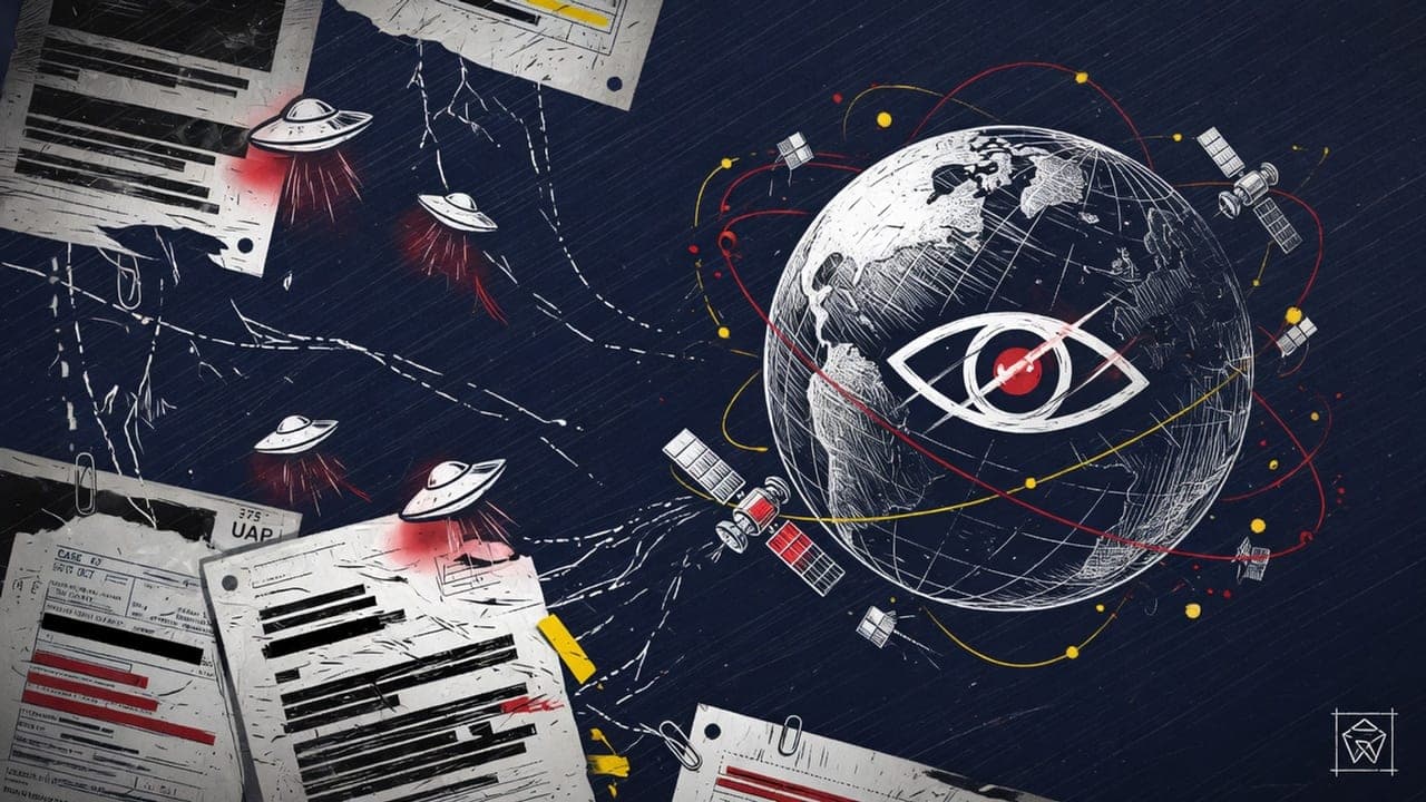 A detailed watercolour painting of a three‑dimensional globe hovering over a night sky, with orbital paths of satellites and a highlighted asteroid trajectory, alongside faint, stylised document icons representing declassified UAP files; no text, no logos.