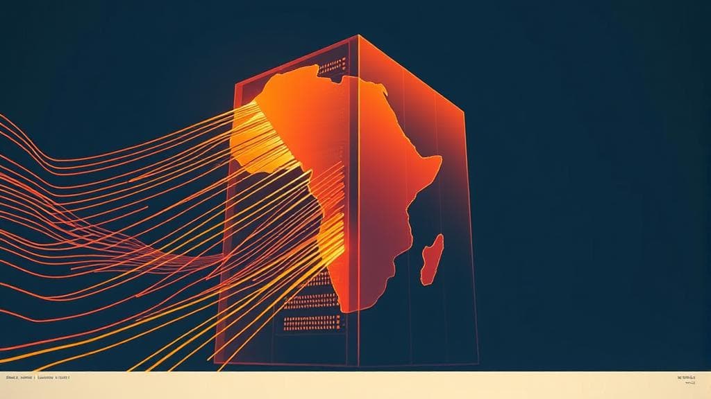 Bold risograph print: A massive, glowing server rack styled like a monolith, with golden lines representing currency flowing out of a stylized map of West Africa towards it. High contrast deep indigo and warm copper as dominant colors. Analytical, urgent mood. No text, no logos, cinematic composition.