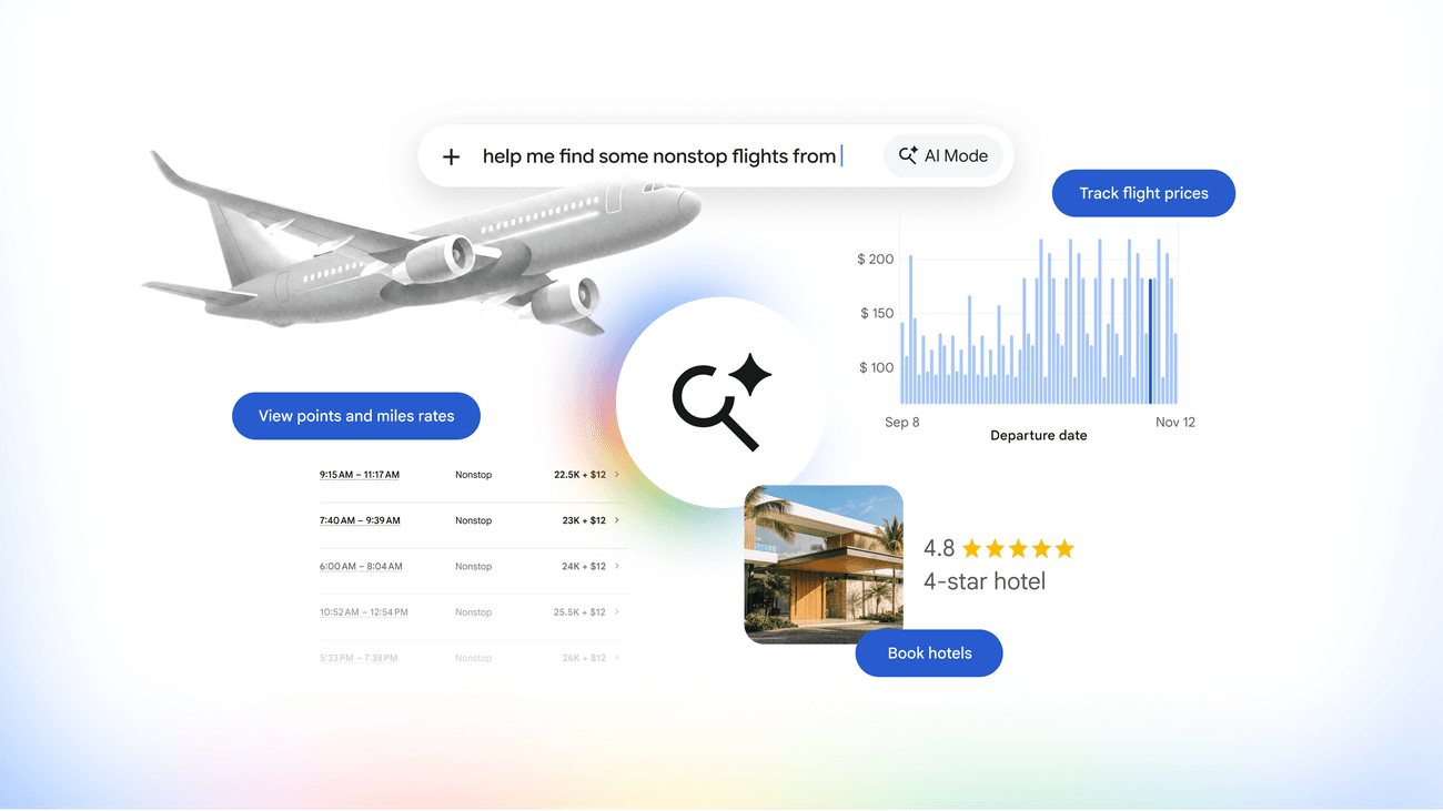 A watercolor illustration of a smartphone screen showing a Google Search results page with travel icons—airplane, hotel, and loyalty points—highlighted, set against a soft pastel background of a world map; no text, no logos.