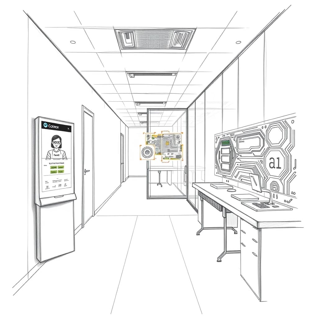 A detailed pencil sketch of a sleek office hallway with three distinct stations: a digital welcome kiosk displaying a Codex avatar for onboarding, a glass-walled workspace with floating holographic sales data being refreshed by a subtle AI icon, and a developer lab where a schematic circuit board glows as an AI agent configures tools; no text, no logos.