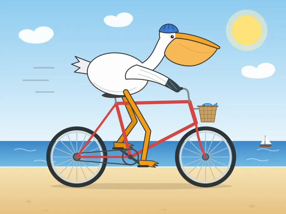A pencil sketch of a whimsical SVG scene showing a stylized pelican perched on a bicycle, complete with a blue hat, basket of fish, and a simple sky‑and‑ground background, emphasizing the hand‑drawn vector lines of the illustration. No text, no logos.