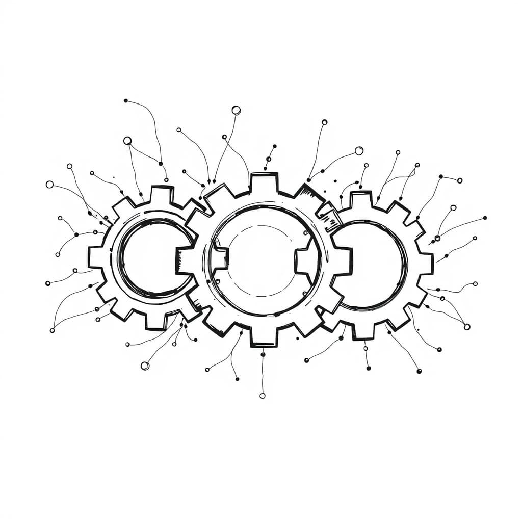 editorial ink sketch of three abstract, interlocking gear shapes symbolizing diverse career paths, surrounded by flowing neural‑network lines and data nodes, set against a stark white background, high contrast shading, No text, no logos, cinematic composition.