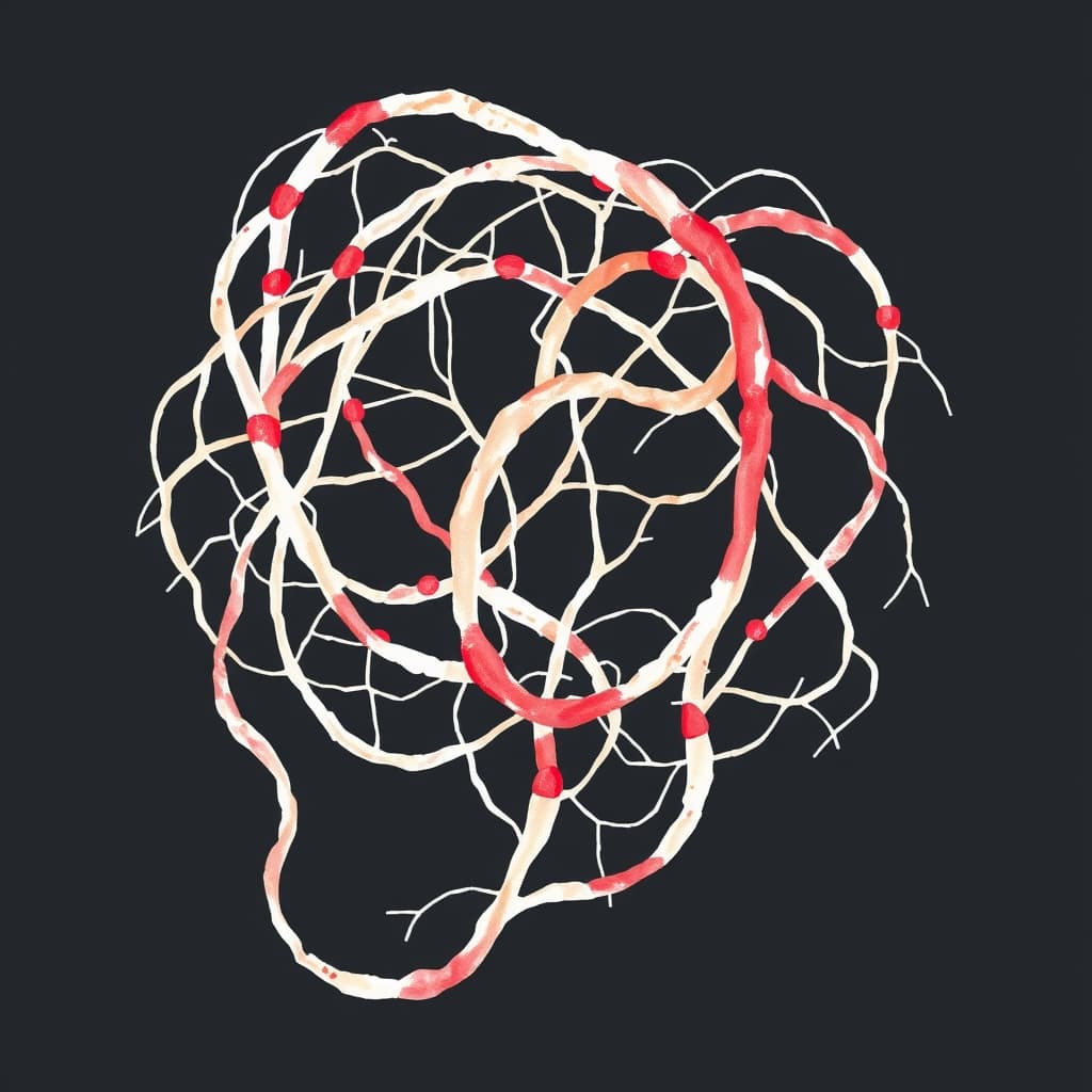 A watercolor illustration of a complex, looping neural network diagram resembling a tangled rope, with sections highlighted in red to suggest hidden pathways, set against a dark background that evokes mystery and caution. No text, no logos.