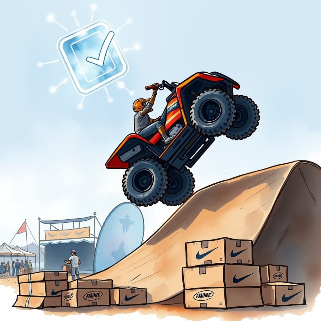 A watercolor illustration of an ATV soaring over a massive ramp at a festival, with piles of branded merchandise boxes nearby and a floating, translucent digital checklist icon hovering above, symbolizing AI assistance; no text, no logos.