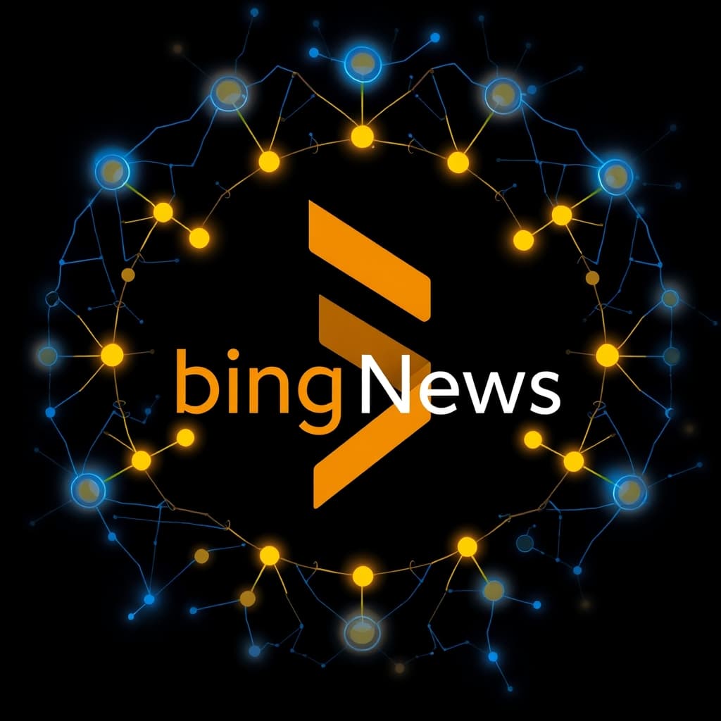 Bing News - Anthropic logo, dark background, electric blue and gold accents, clean tech illustration, neural network, no text in image