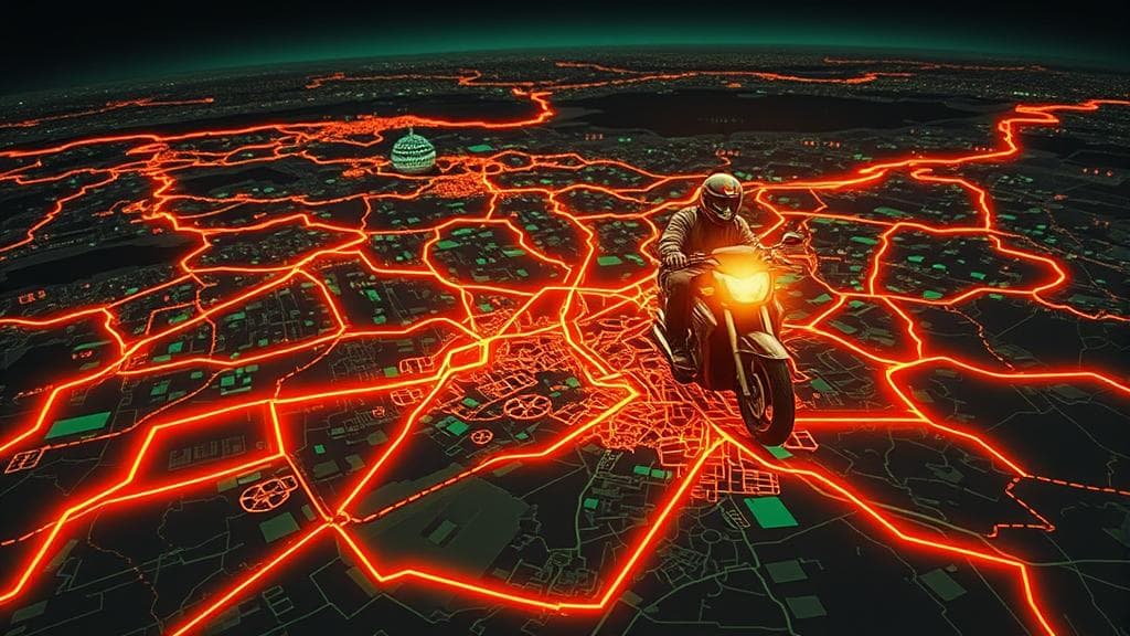 Bold risograph print: A stylized delivery motorcycle route mapping out as glowing neon lines over an abstract, high-contrast map of Lagos. The lines form a glowing neural network. Dominant colors: Nigerian green, bright orange, and deep charcoal. Analytical, optimistic mood. Dramatic night-time neon lighting. No text, no logos, cinematic composition.