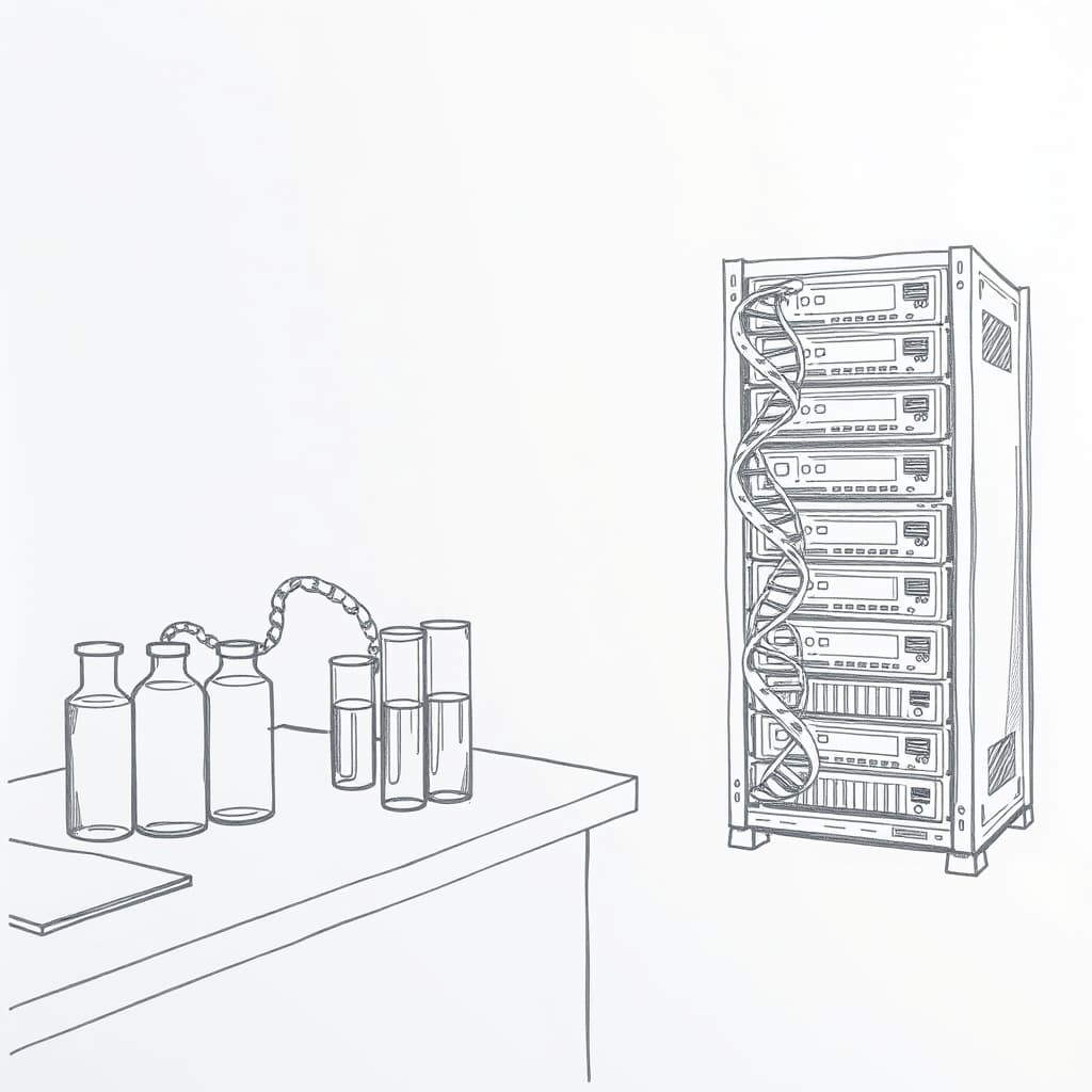 A detailed pencil sketch of a laboratory bench with test tubes, a DNA double helix model, and a computer server rack side by side, illustrating the intersection of advanced AI research and scientific experimentation; no text, no logos.
