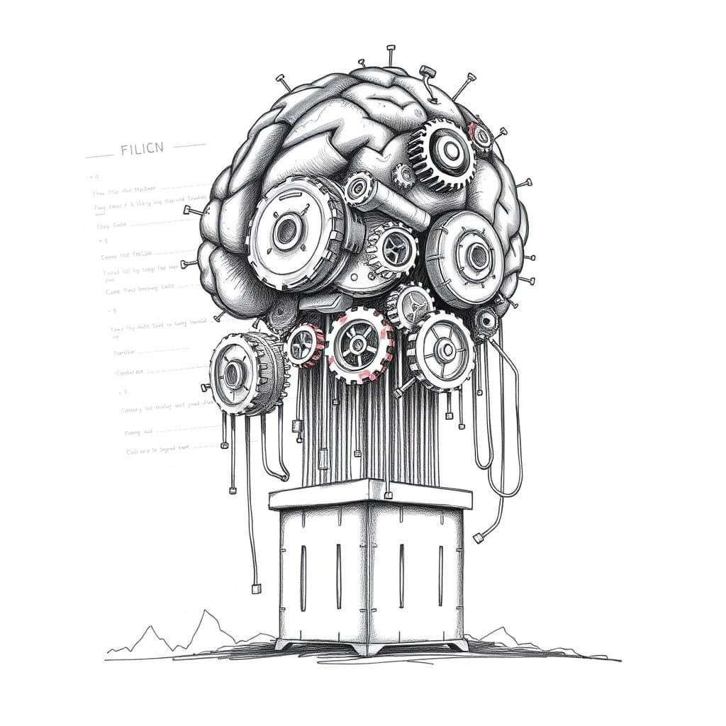 A pencil sketch of a towering abstract AI brain made of interlocking gears and circuitry, perched atop a stylized stock market ticker, with a faint outline of a filing document in the background. No text, no logos.