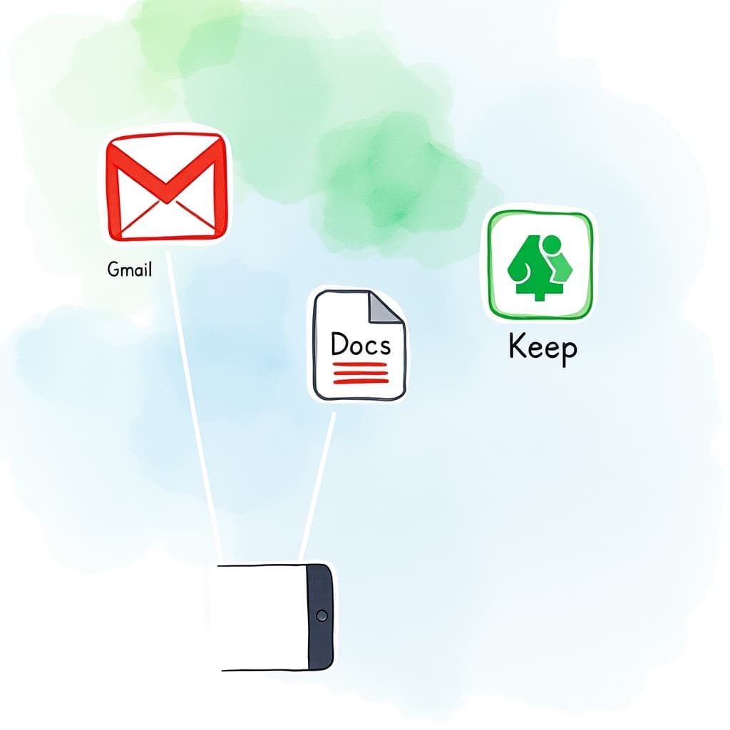 A watercolor illustration showing a smartphone emitting soft speech‑wave lines toward three floating icons labeled Gmail, Docs, and Keep, symbolizing voice interaction across the apps. No text, no logos.