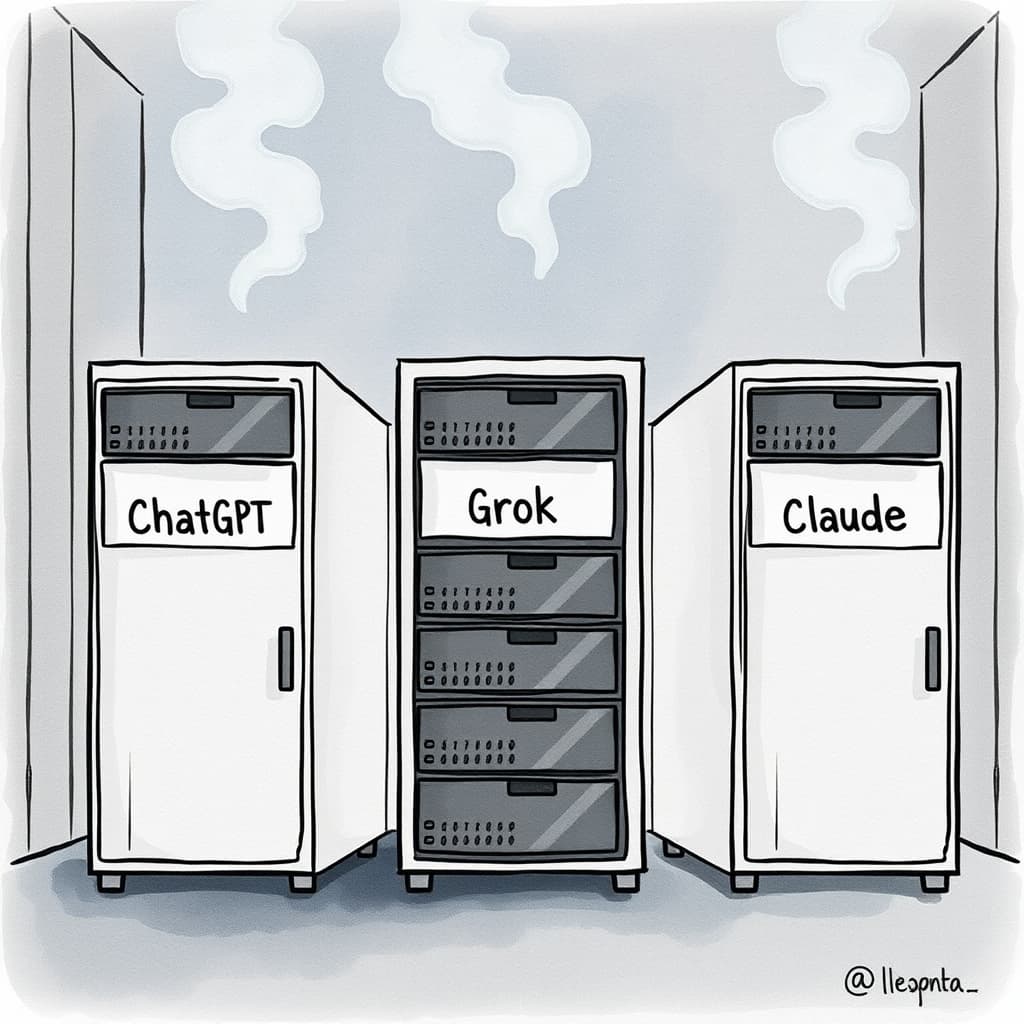A watercolor illustration of three distinct server racks labeled “ChatGPT,” “Grok,” and “Claude” each emitting faint smoke, set against a muted data‑center backdrop, conveying the moment of simultaneous failure; no text, no logos.