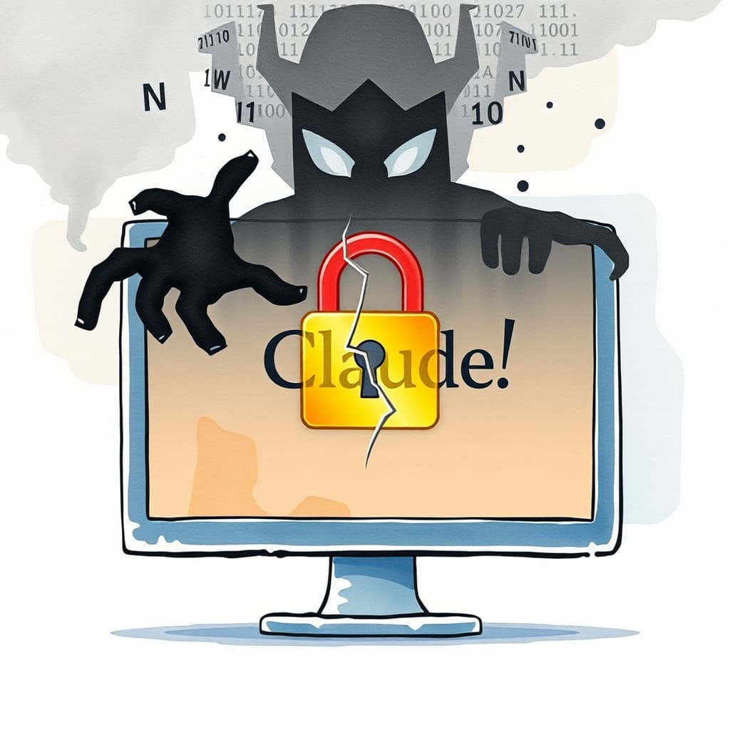 A watercolour illustration of a stylized computer monitor displaying the Claude logo with a cracked padlock overlay, while a shadowy, abstract malware silhouette looms over the screen; the background hints at binary code drifting like mist. No text, no logos.