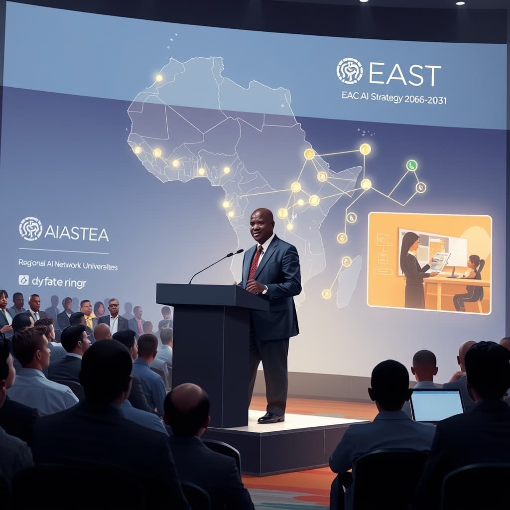 Create an original premium technology-news editorial illustration featuring Dr Fortunate Muyambi standing at a podium in a modern conference hall, addressing a diverse audience of educators and policymakers; behind him a large digital map of East Africa highlights the member countries, with glowing nodes representing the newly launched Regional AI Network of Universities; to the side, a stylized classroom scene shows students interacting with AI‑assisted learning tools, symbolising the bridge from policy to practice; the setting reflects Nairobi’s conference venue with subtle branding of the East African Community and EASTECO; the visual style is sleek, realistic, and suitable for a high‑end technology publication; composition places Dr Muyambi as the focal point, the map and network nodes as secondary elements, and the classroom vignette as a contextual detail; minimal text, only a small label “EAC AI Strategy 2026‑2031” where appropriate; cinematic composition.