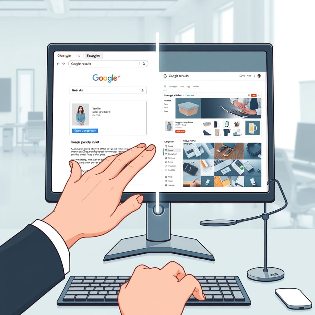 Create an original premium technology-news editorial illustration featuring a split-screen computer monitor; the left side displays a classic Google search results page with a product card showing a modest price, while the right side shows Google AI Mode’s grid view of the same product with a noticeably higher price tag; a subtle Google logo appears in each corner to identify the platform, and a faint scale graphic tilts toward the right side to metaphorically convey the higher‑price bias; the scene is set in a modern office environment with a focused user’s hand hovering over the keyboard, emphasizing the decision point; use a clean, data‑driven visual style typical of high‑end tech publications, with crisp lines, muted corporate colors, and realistic UI elements; composition places the split-screen as the dominant focal point, with the user’s hand and scale as secondary details; include minimal on‑screen text limited to the price