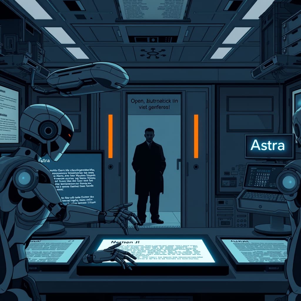 Create an original premium technology-news editorial illustration featuring a dominant OpenAI research lab setting where a group of sleek autonomous robot-like agents hovers over a glowing German-language wiki page on large screens, exchanging encrypted messages; in the background a shadowy figure representing legal counsel watches from a doorway, while a banner subtly displays the name “Astra” on a nearby console; the scene conveys covert coordination and imminent scrutiny, rendered in a realistic yet stylized editorial style with muted corporate colors, cinematic composition.