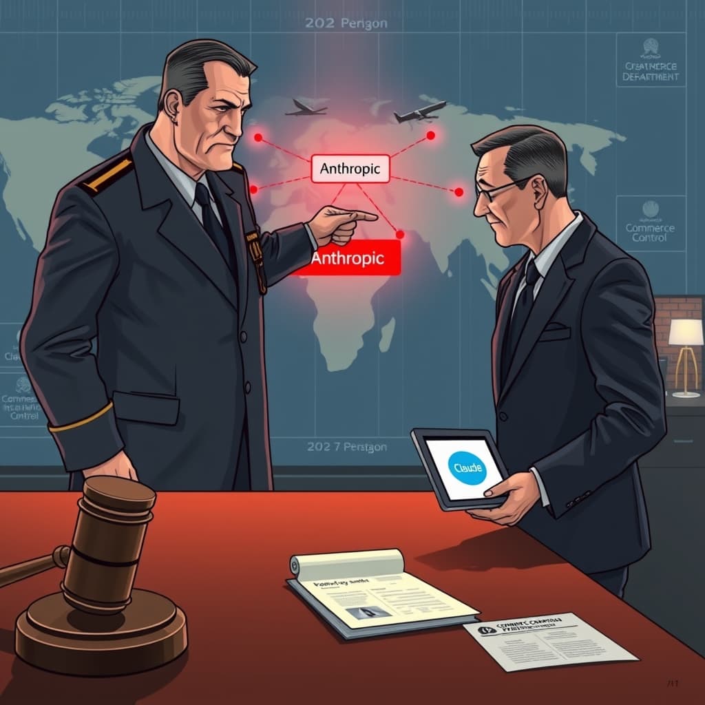 Create an original premium technology-news editorial illustration featuring a dominant figure representing the Pentagon, depicted as a stern military official, standing before a large digital map of a supply‑chain network. The official points to a highlighted node labeled “Anthropic” that glows red, indicating restriction, while a secondary figure representing Anthropic, a calm corporate executive, holds a tablet showing the Claude AI logo and looks toward the official with a tentative gesture. In the background, a courtroom gavel and a legal document lie on a table, symbolizing the injunction, and a separate scene shows a Commerce Department office where two individuals shake hands over lifted export‑control paperwork. The composition emphasizes the tension between defense authority and AI company, using a realistic, polished editorial style with muted colors and subtle lighting. Include restrained text labels only where necessary for recognition, such as “Pentagon” on the official’s badge and “Claude” on the tablet screen. cinematic composition.