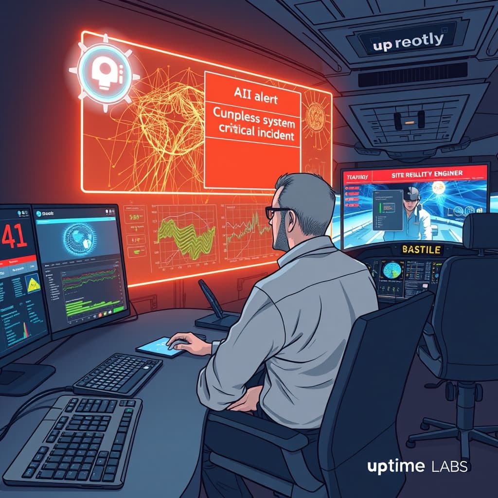 Create an original premium technology-news editorial illustration featuring a senior site‑reliability engineer seated at a large console filled with real‑time dashboards, calmly observing a glowing AI avatar that is automatically resolving a simple alert icon. Beside them, a vivid holographic simulation of a complex system failure unfolds, showing tangled network lines and a flashing critical incident banner. In the background, a flight‑deck style training simulator displays a cockpit with a pilot navigating a storm, linking the aviation analogy. The scene conveys the contrast between effortless AI‑handled routine alerts and the intense, hands‑on practice of rare, high‑impact failures. Include subtle branding of Rootly and Uptime Labs on a visible monitor screen to indicate the simulation platform, but keep logos minimal and non‑distracting. Render in a sleek, modern editorial style with crisp lines, muted corporate colors, and realistic lighting that emphasizes depth and focus on the engineer’s posture. cinematic composition.