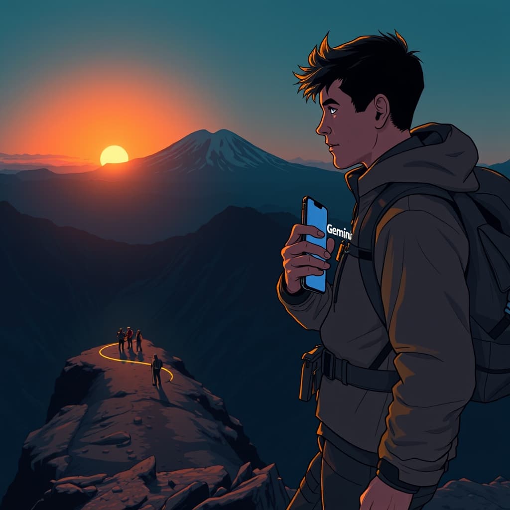 Create an original premium technology-news editorial illustration featuring a dominant figure of a young male hiker in rugged gear holding a smartphone displaying the Gemini logo, standing at the edge of a dimly lit Mount Shasta summit at dusk. The scene shows the hiker looking toward a dark canyon below where a faint outline of Forest Service rangers and volunteers approach with rescue equipment. In the background, the volcano’s silhouette is illuminated by a setting sun, while a subtle overlay of a map with a highlighted, incomplete route hints at the AI‑generated itinerary. Include a small, unobtrusive USFS ranger station sign to emphasize the advised local contact. Render in a realistic, high‑detail editorial style with muted natural colors and clear visual hierarchy that places the hiker and smartphone forefront, rescue team secondary, and the mountain environment supporting. cinematic composition.