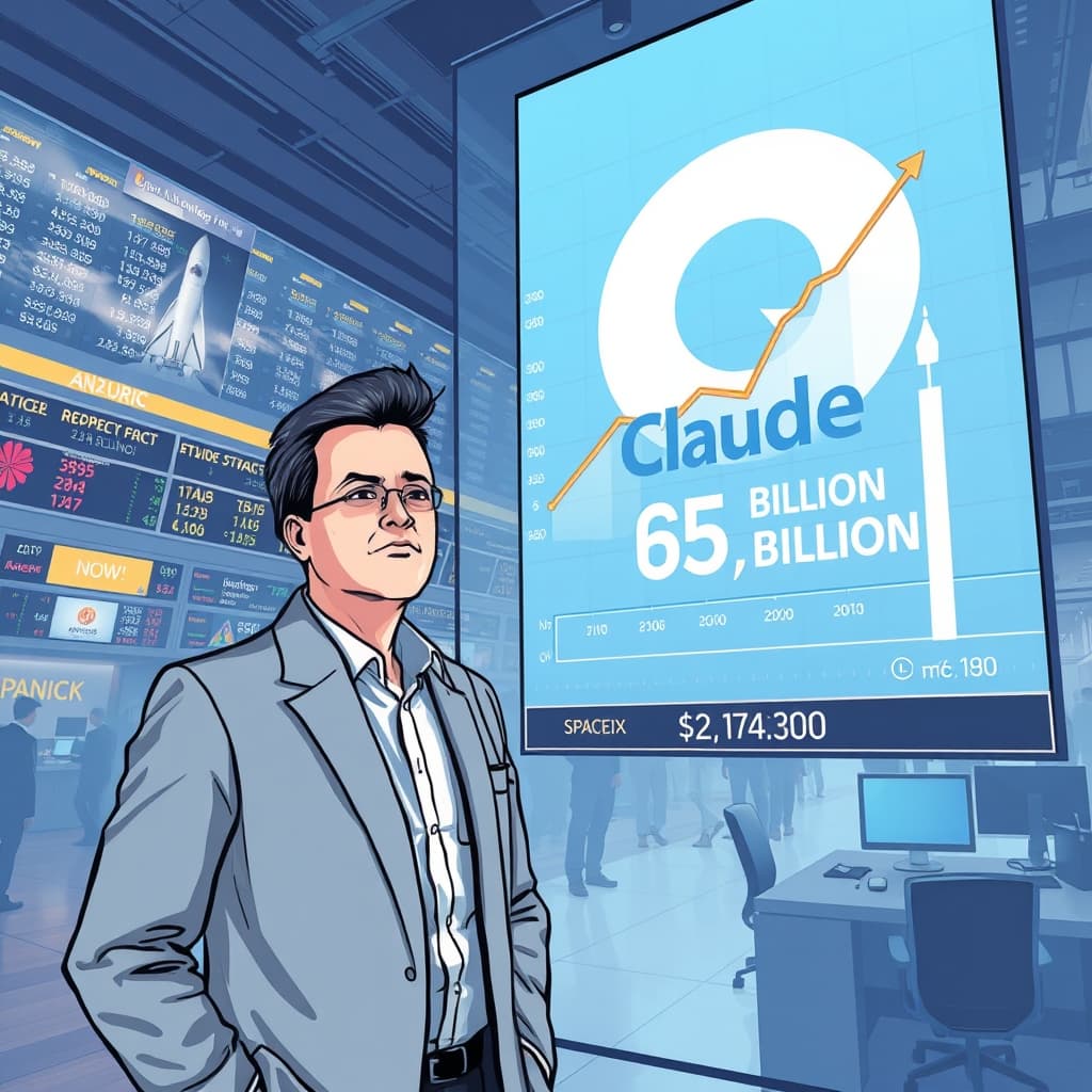 Create an original premium technology-news editorial illustration featuring Anthropic’s CEO standing beside a large digital display of the Claude logo, both dominant in the scene; the display shows a soaring revenue chart from $9 billion to $65 billion, while a nearby ticker scrolls the projected $2 trillion valuation; in the background, a bustling trading floor hints at IPO activity, with subtle references to SpaceX’s rocket silhouette for comparison; the visual style is clean, data‑focused, and suited to a high‑end tech publication; composition centers on the CEO and chart, with the trading floor secondary; include restrained branding of Anthropic only; avoid generic AI icons or text overlays; cinematic composition.