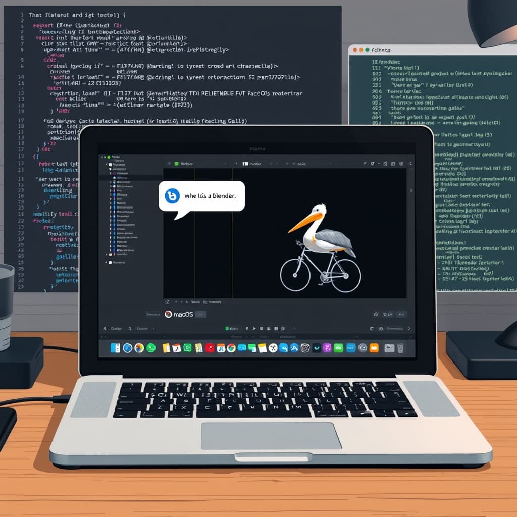 Create an original premium technology-news editorial illustration featuring a MacBook Pro open on a desk with the Blender window visible, a stylized AI chatbot icon hovering over the screen issuing a text prompt, and a vivid 3D render of a pelican on a bicycle appearing in the Blender viewport; the background shows subtle code snippets and an ffmpeg command line, emphasizing the seamless integration of AI, Blender, and macOS; use a clean, modern tech publication aesthetic with muted colors and sharp details, keeping the MacBook and Blender UI dominant, no extraneous logos, cinematic composition.