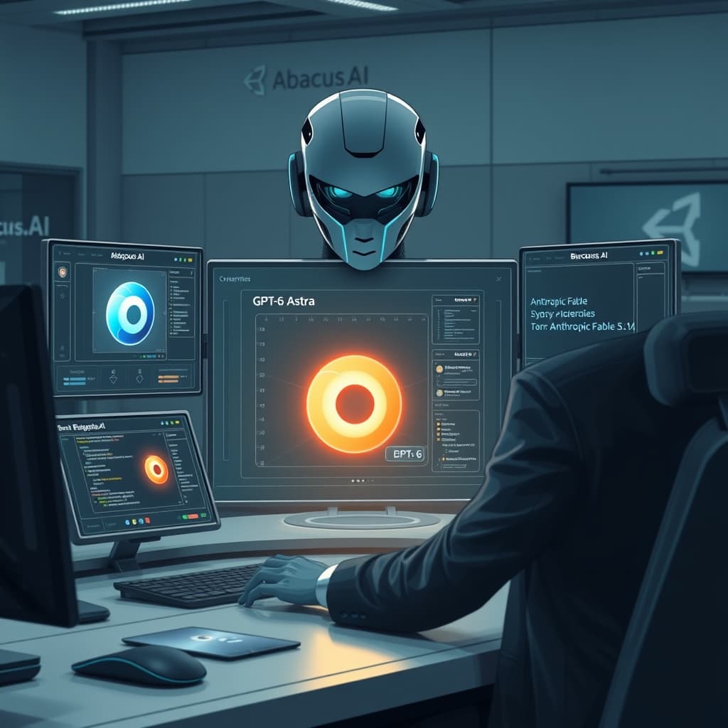 Create an original premium technology-news editorial illustration featuring a dominant figure of a futuristic AI orchestrator console personified as a sleek, gender‑neutral professional surrounded by holographic screens; on the central screen, a 3D Blender interface is being manipulated by a glowing AI avatar labeled “GPT‑6 Astra,” while adjacent smaller panels show code snippets being processed by a distinct icon representing “Anthropic Fable 5.1.” The scene takes place in a modern development studio with subtle branding of Abacus.AI on a wall monitor, and a faint overlay of a Unity logo indicating integration, all rendered in a clean, high‑tech editorial style with realistic lighting and depth; cinematic composition.