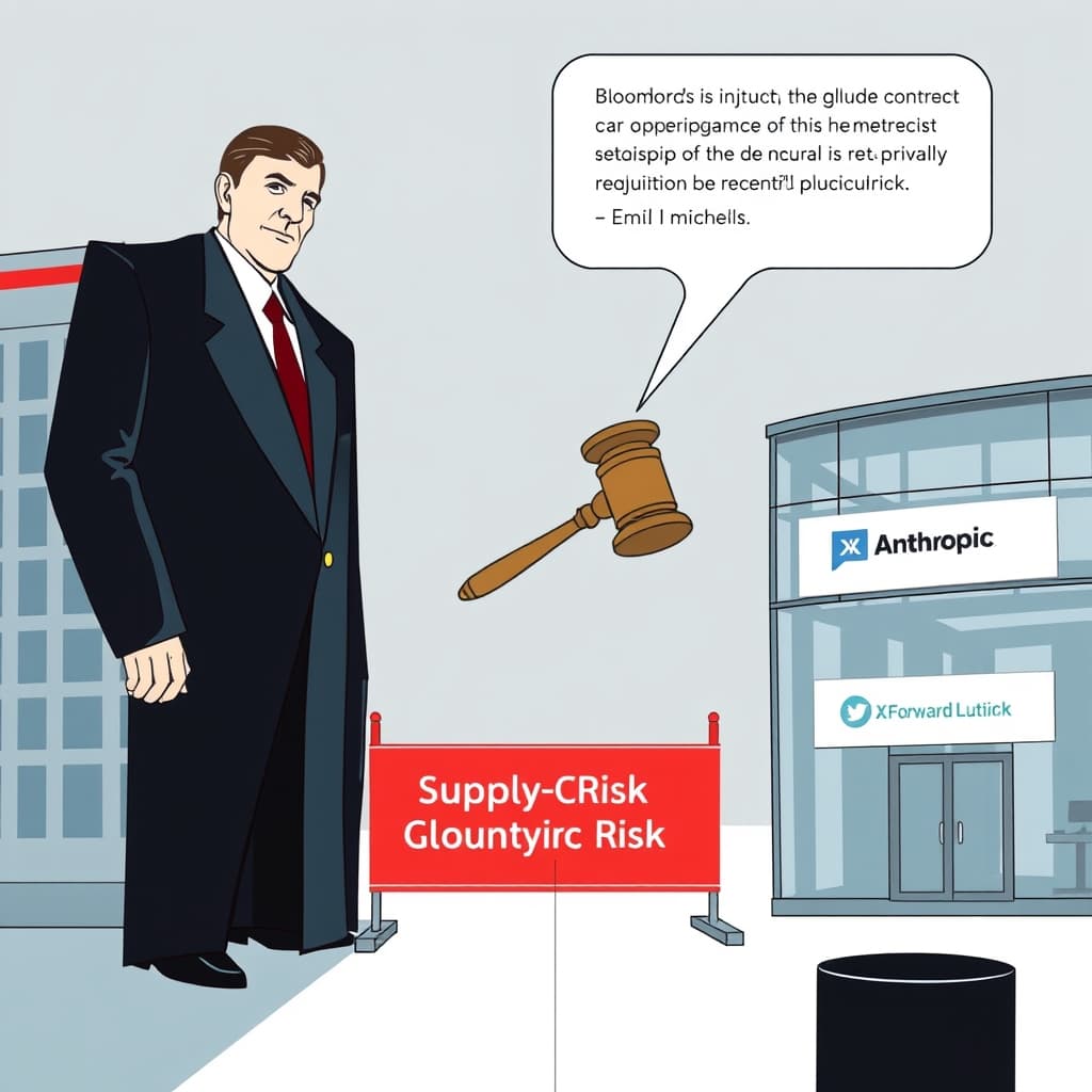 Create an original premium technology-news editorial illustration featuring a dominant figure representing the Pentagon, depicted as a stylized, authoritative building façade with a bold “DoD” insignia, standing opposite a sleek corporate office facade labeled “Anthropic” with the Claude logo subtly displayed; the scene shows the two structures separated by a visible red barrier labeled “Supply‑Chain Risk,” while a courtroom gavel hovers above the barrier, symbolizing the legal injunction; in the background, a muted Bloomberg studio set hints at recent comments from Howard Lutnick, and a subtle X (formerly Twitter) speech bubble contains Emil Michael’s quoted text; the composition uses a clean, professional editorial style with muted blues and grays, emphasizing the tension between government authority and private AI innovation; cinematic composition.