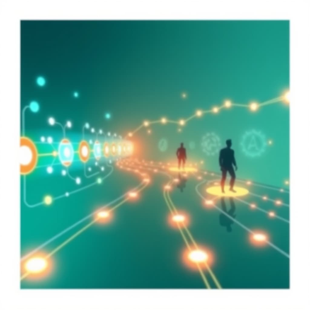 A sleek vector flat illustration of a futuristic AI-driven hiring pipeline, featuring glowing data nodes, abstract human silhouettes navigating digital pathways, vibrant teal and electric orange palette, dynamic flow, No text, no logos, cinematic composition.