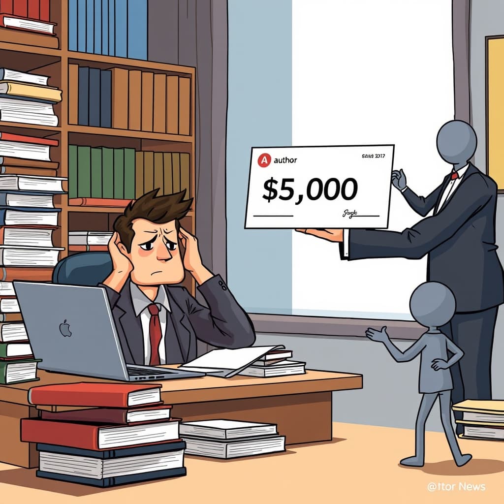 Create an original premium technology-news editorial illustration featuring a frustrated author at a desk surrounded by stacks of books and a laptop displaying a payment alert, while a corporate representative in a suit hands over a check labeled “$3,000” to a publisher’s logo, and a separate agent figure reaches for a percentage sign; the scene conveys the contested allocation of settlement funds, with the author clearly dominant, the publisher and agent secondary, rendered in a clean, professional editorial style, cinematic composition.