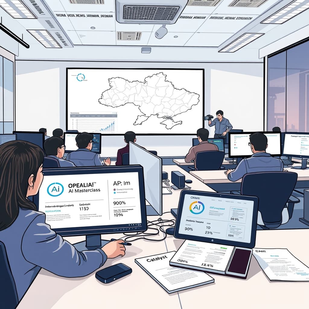 Create an original premium technology-news editorial illustration featuring a Ukrainian newsroom bustling with journalists gathered around modern computer stations, a large digital map of Ukraine displayed on a screen, and a prominent OpenAI logo on a tablet showing API usage stats; the scene captures a collaborative workshop led by international experts, with documents labeled “AI Masterclass” and “Catalyst” on a nearby table, all set in a bright, resilient office environment; the visual style should be clean, realistic, and suited to a high‑end technology publication, emphasizing the concrete interaction between people and AI tools while avoiding generic AI icons; cinematic composition.
