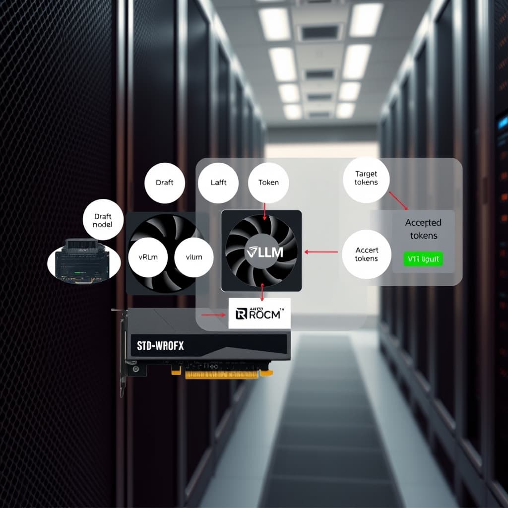Create an original premium technology-news editorial illustration featuring a dominant AMD Instinct MI300X GPU as the primary subject, surrounded by a schematic flow diagram that shows a draft component generating several token bubbles that feed into a larger target‑model processor labeled vLLM, with accepted tokens highlighted in green as they move to an output stream; include subtle branding of the ROCm logo near the GPU, depict a data center rack in the background to convey the serving environment, render the scene in a clean, high‑contrast tech‑journal style with realistic lighting and a cinematic composition.