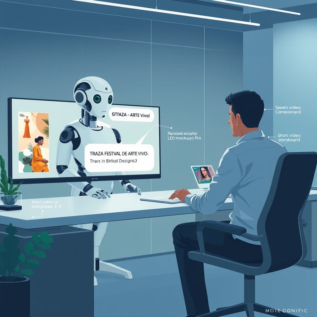 Create an original premium technology-news editorial illustration featuring a sleek digital workspace where a central AI avatar representing GPT‑6 Astra converses with a human designer seated at a modern desk; the avatar displays a chat bubble containing a brief for “TRAZA – FESTIVAL DE ARTE VIVO,” while surrounding screens show rendered posters, LED mockups, and a short video storyboard generated by distinct model icons labeled Seedream 5 Pro and Seedance 2.5; the background includes subtle branding of Magnific’s interface with a faint Model Context Protocol logo; the scene conveys a collaborative, multi‑model production flow in a clean, professional style with realistic lighting and a balanced composition, cinematic composition.